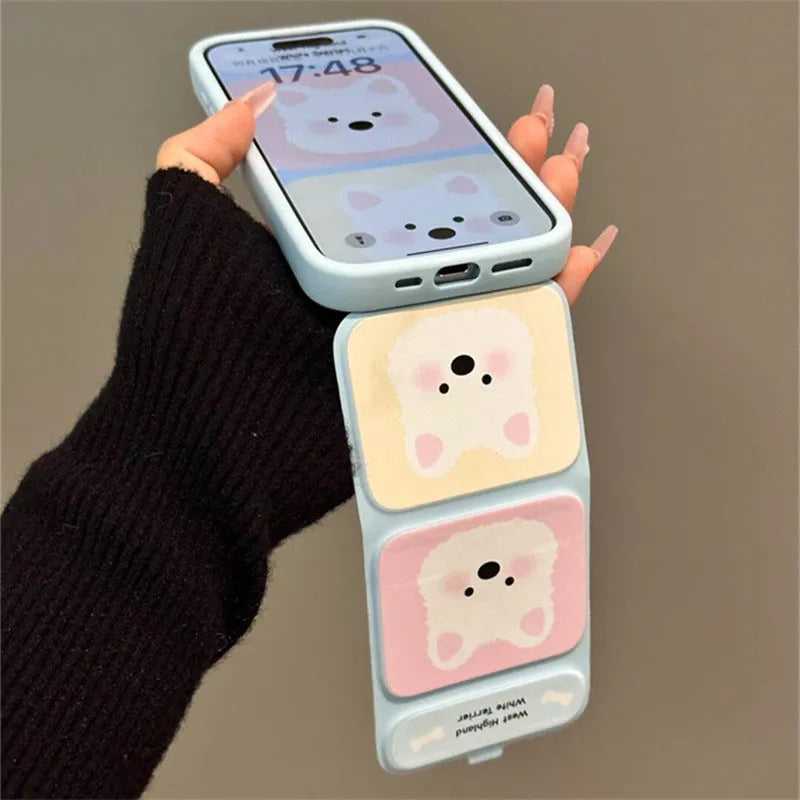 White TPU phone case with cartoon blush West Highland print and foldable bracket for iPhone