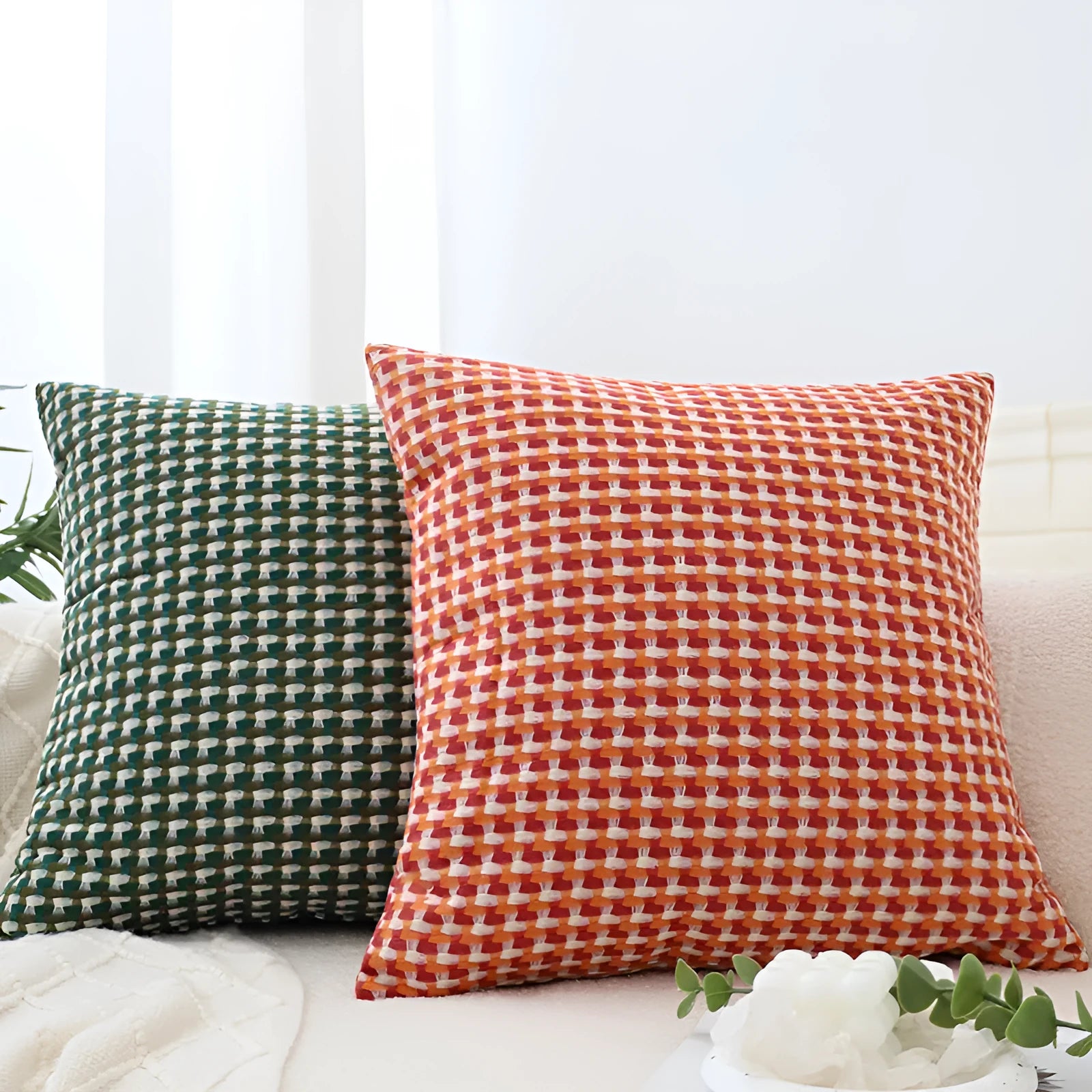 Geometric abstract modern minimalist yarn-dyed TIHUA pillowcase 45x45cm in orange, blue, green, and brown colour options