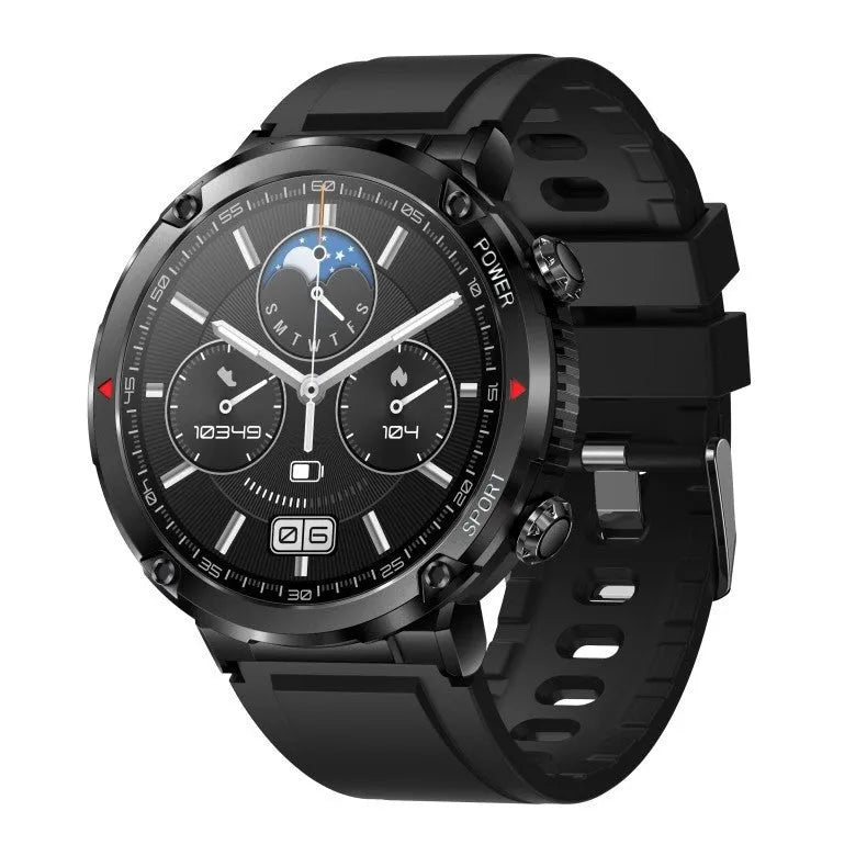 T30 Smart Watch with black silicone strap showing time display on 52mm screen.