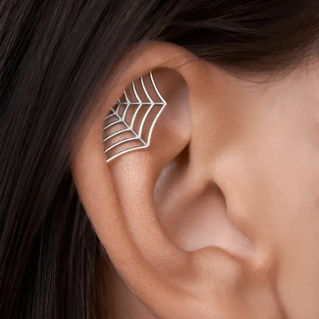 Spider web geometric mesh stud earrings in gold or silver electroplated metal for Halloween jewellery