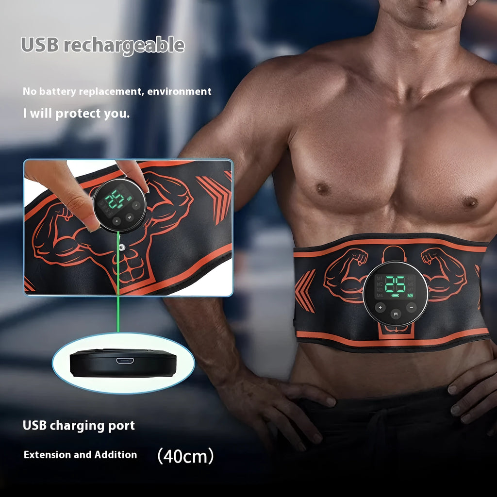 Smart EMS massage belt with orange or blue host unit, includes belt strap and arm stickers