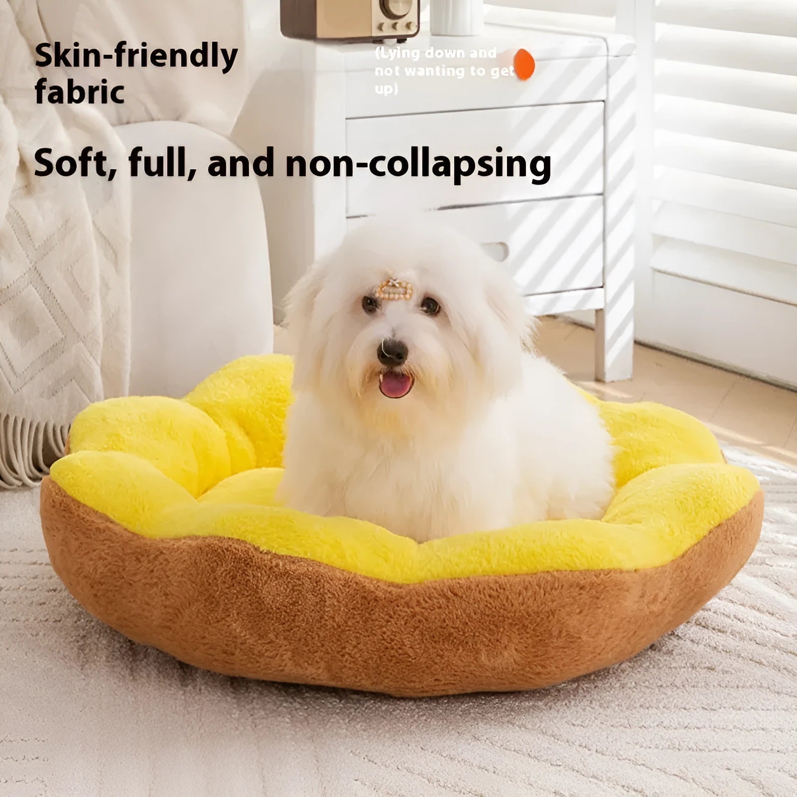 Round thick rabbit plush cat bed with removable cover in yellow brown, shown in L size.