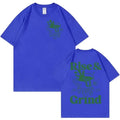 Loose fit linen t-shirt with Rise and Grind cartoon graphic print in multiple colours