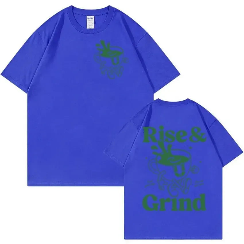 Loose fit linen t-shirt with Rise and Grind cartoon graphic print in multiple colours