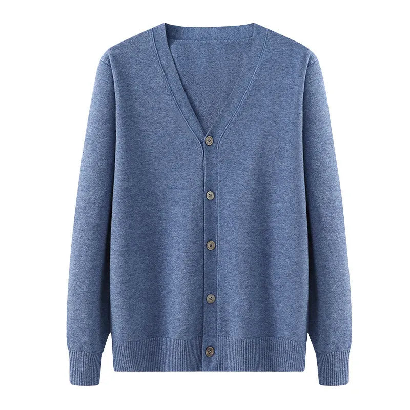 Men's V-neck cardigan coat in Andy velvet fabric showing loose fit and long sleeve design