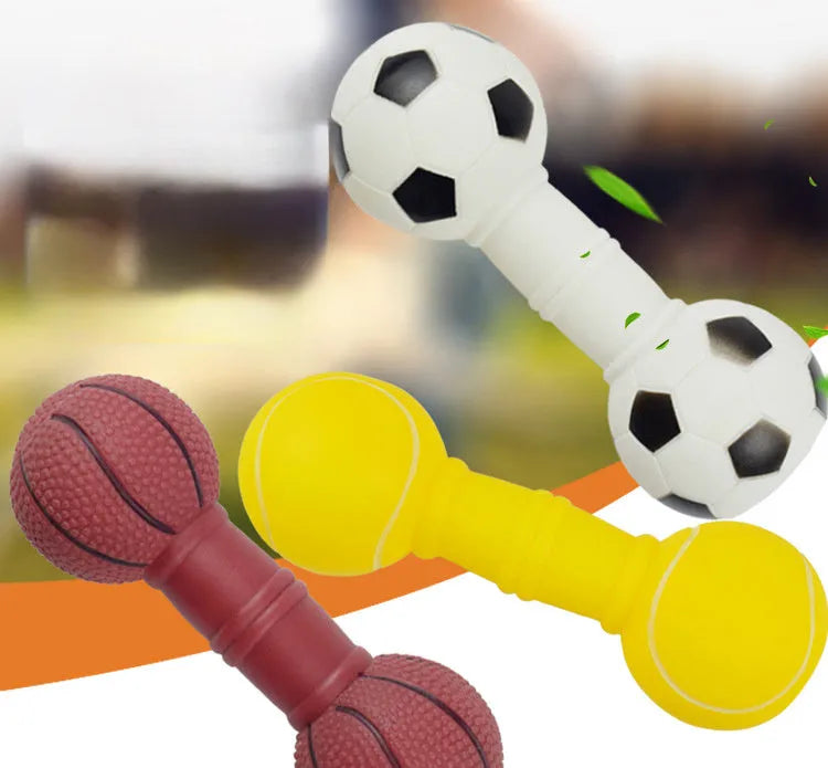 Football dumbbell shaped squeaky dog chew toy in orange colour