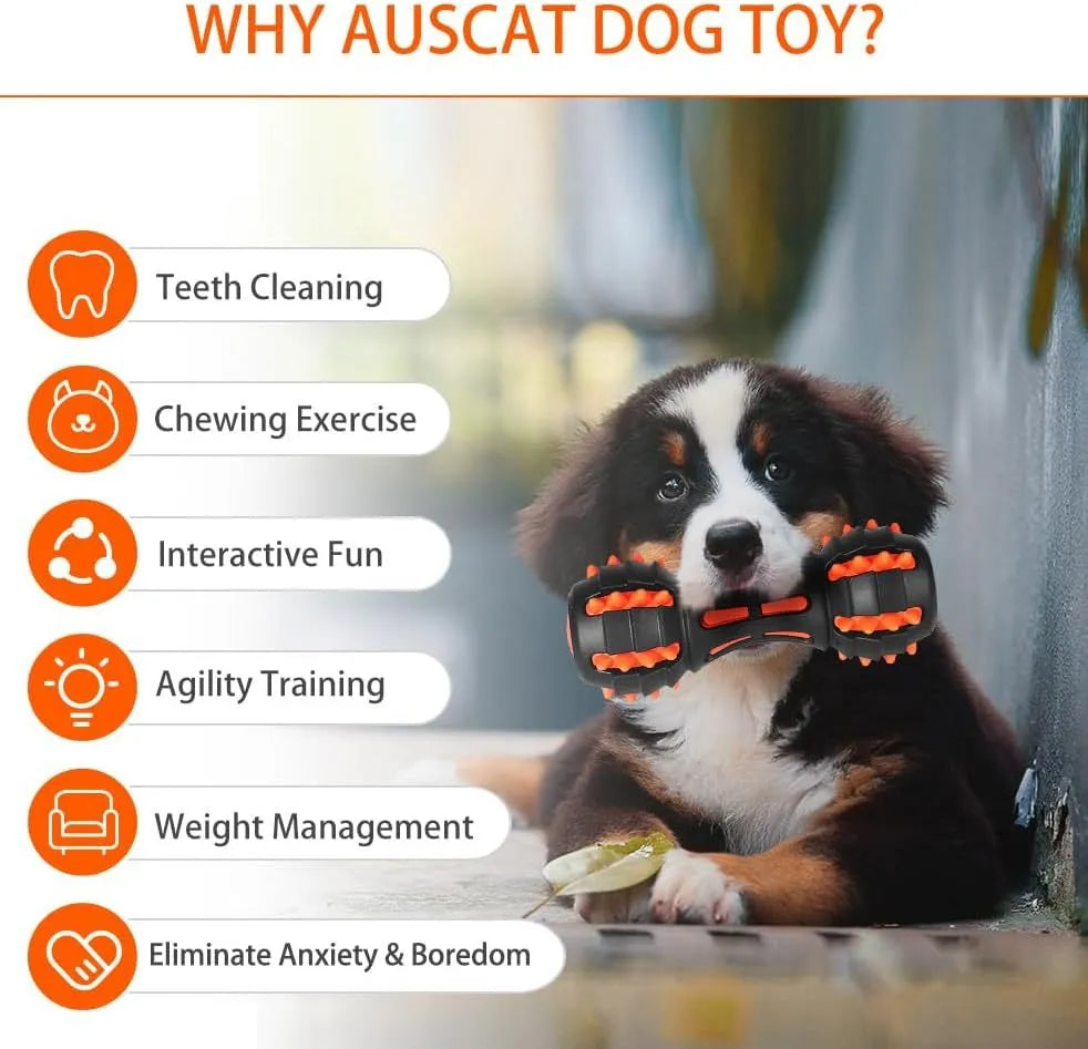 Red rubber dumbbell-shaped dog chew toy with textured surface for dental cleaning