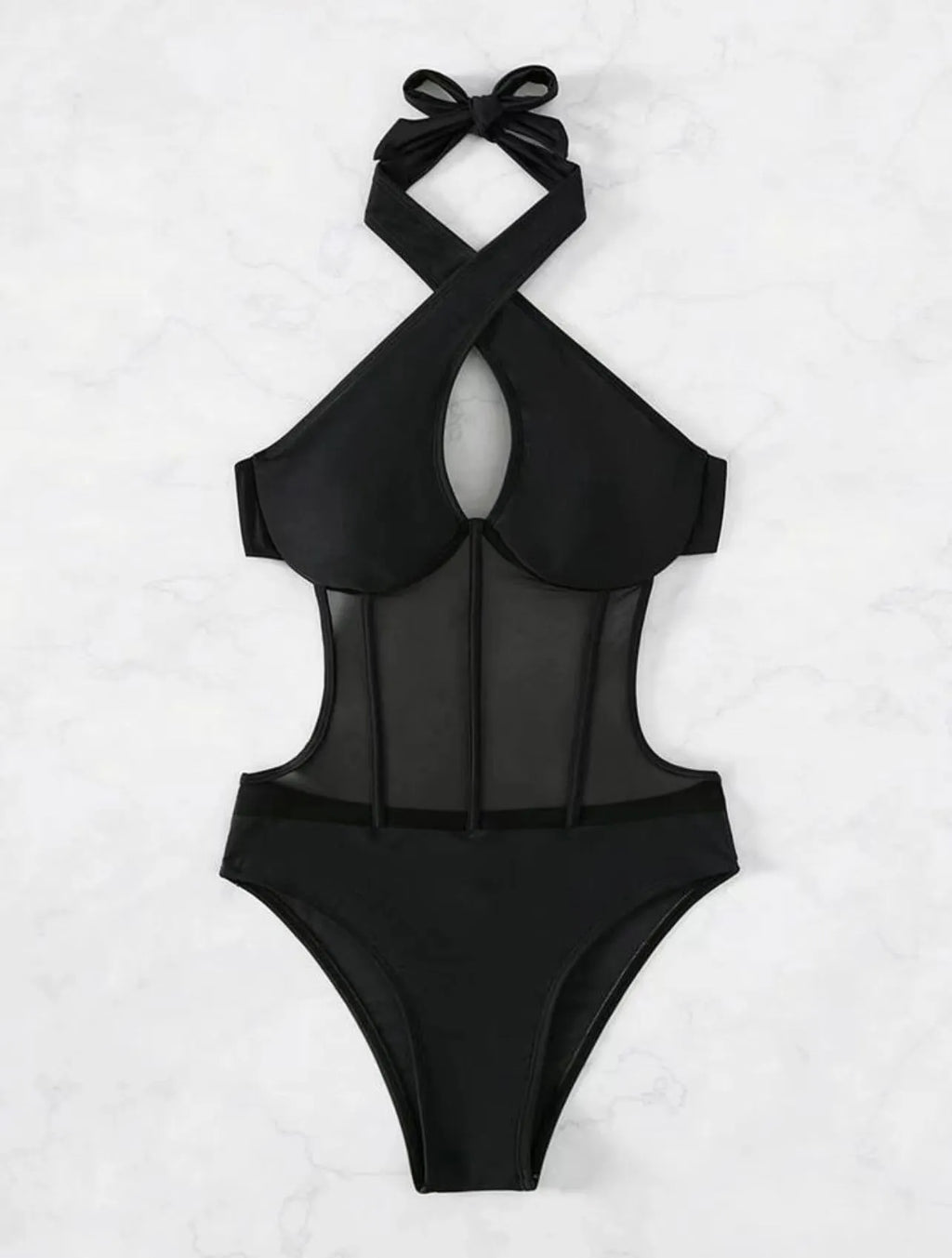 Women's black one-piece swimsuit bikini with nylon-spandex fabric for swimming