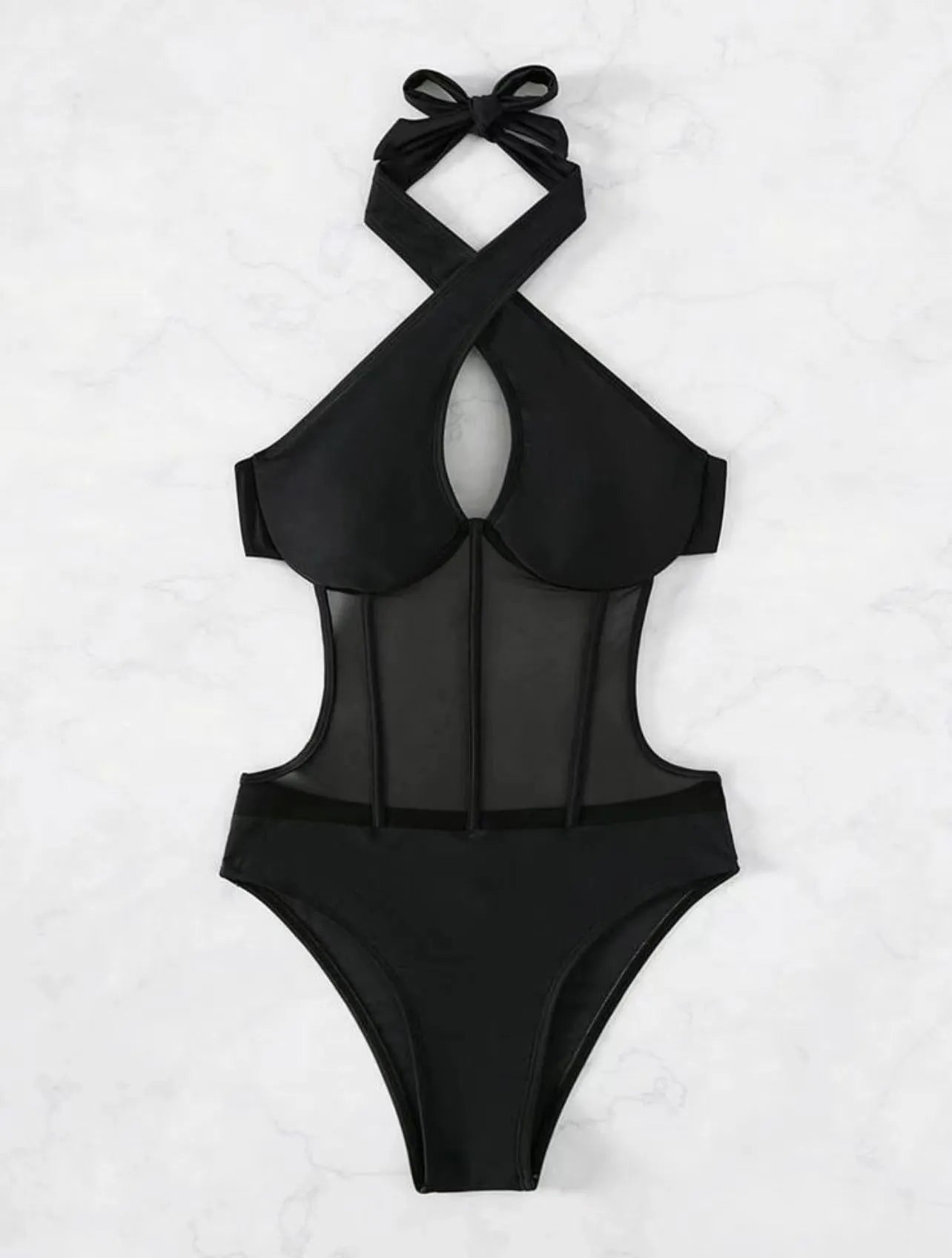 Women's black one-piece swimsuit bikini with nylon-spandex fabric for swimming