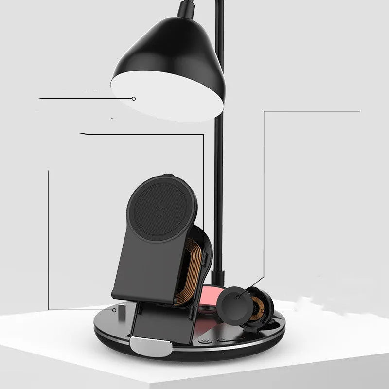 Black and white magnetic folding wireless charger open as stand showing USB connection
