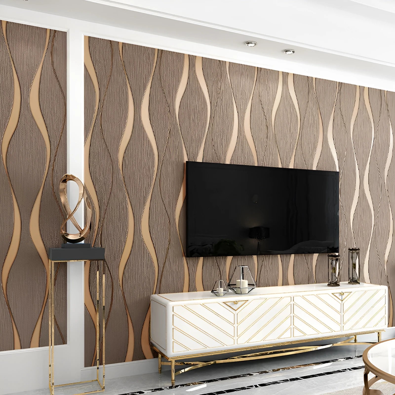 Roll of curve stripe patterned 3D wallpaper in dark brown deerskin velvet texture for video wall backgrounds.