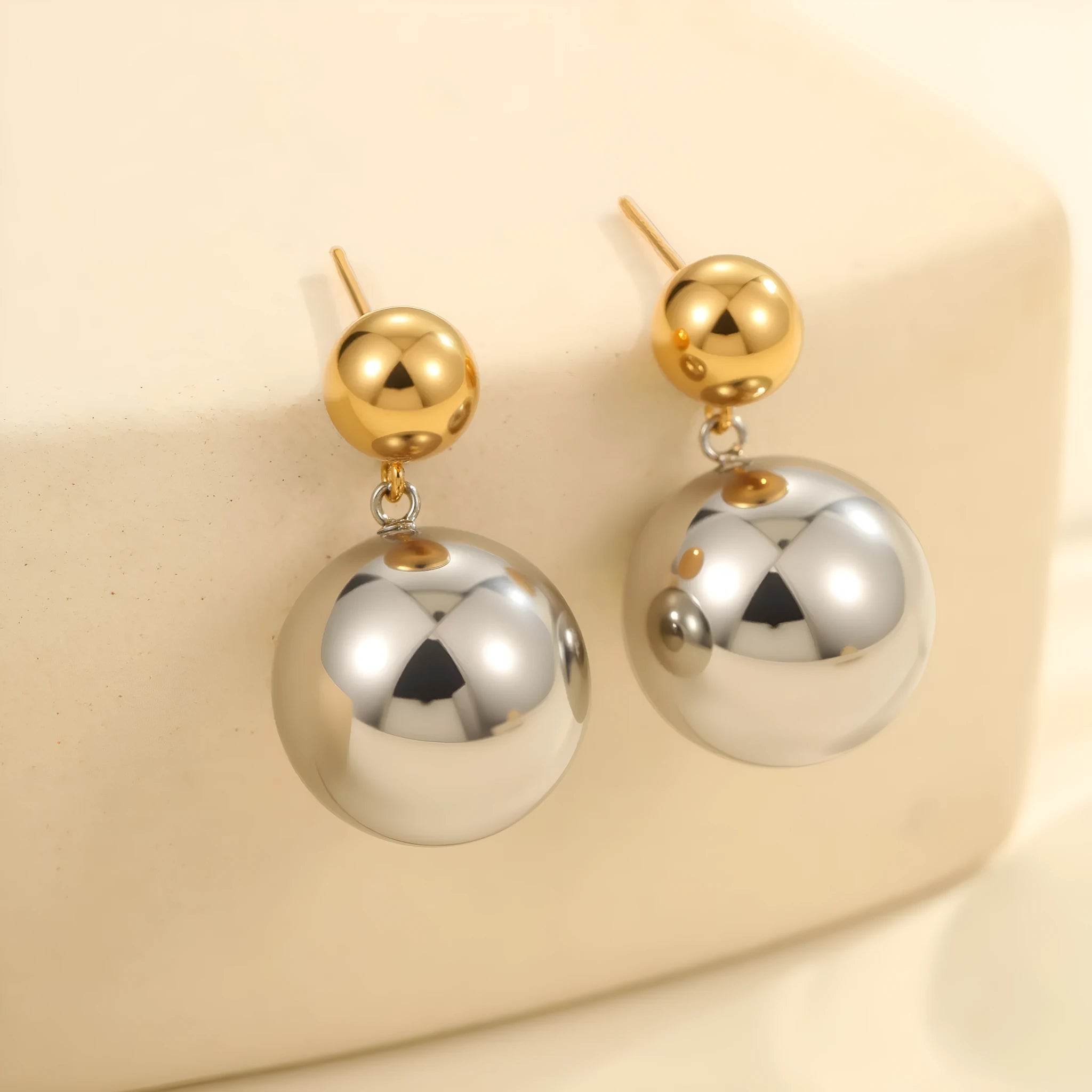 Round beads stainless steel 18K gold electroplated colour-block ear studs geometric sphere shape