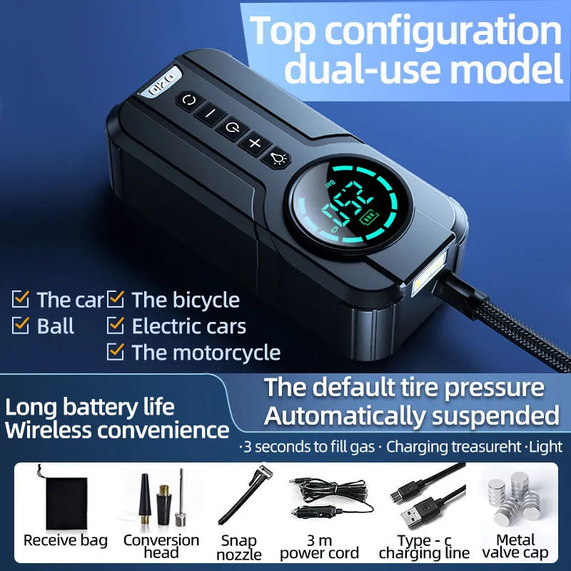 Black portable vehicle air pump with 13cm inflatable pipe, multiple nozzles and 3m power cable for 12V operation