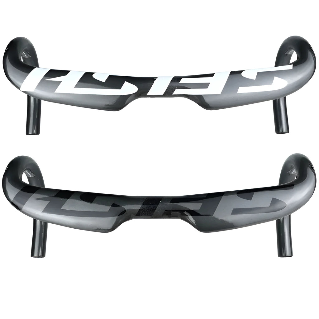Carbon fibre road bike drop handlebar shown in a black finish, with ergonomic bends for brake hoods and drops.
