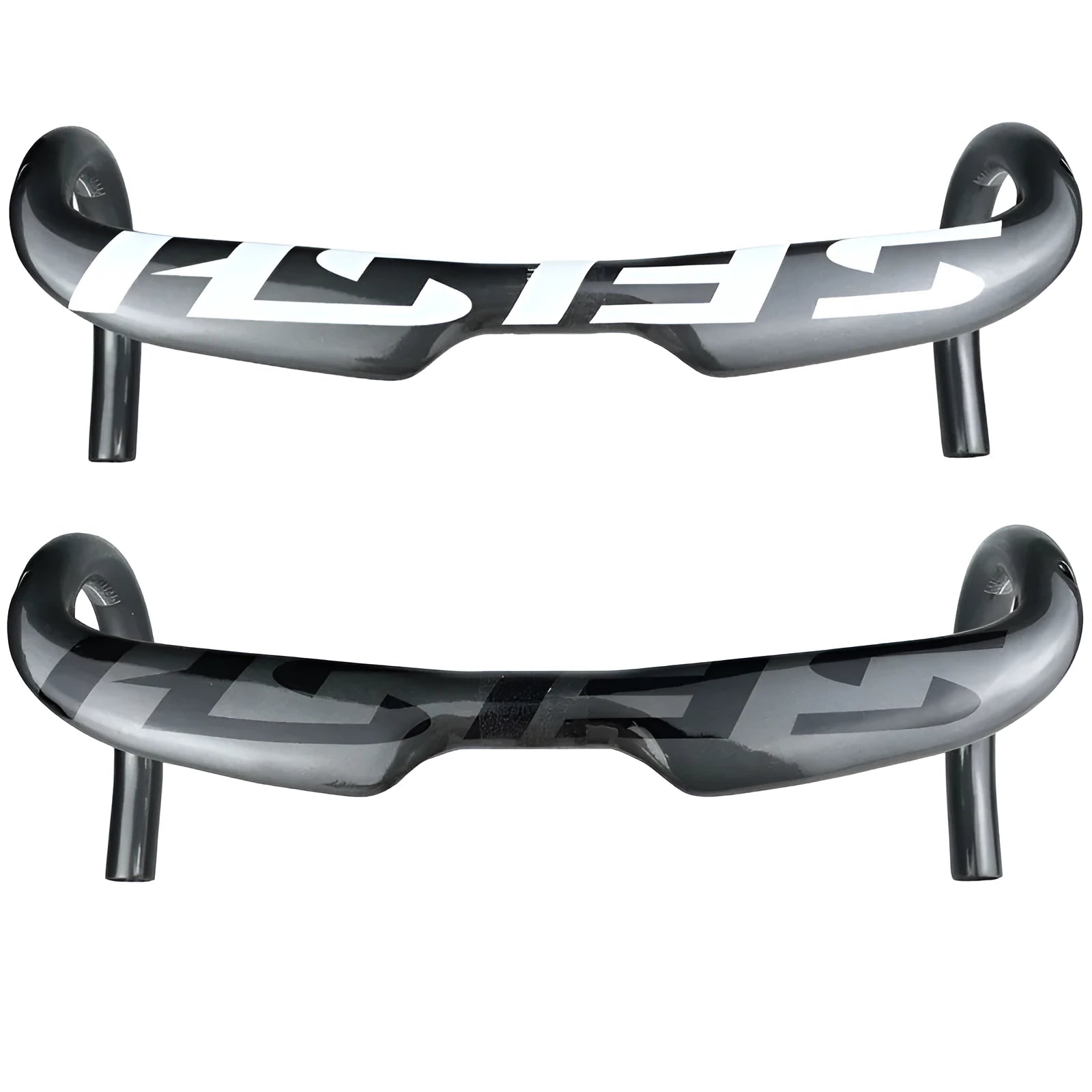 Carbon fibre road bike drop handlebar shown in a black finish, with ergonomic bends for brake hoods and drops.