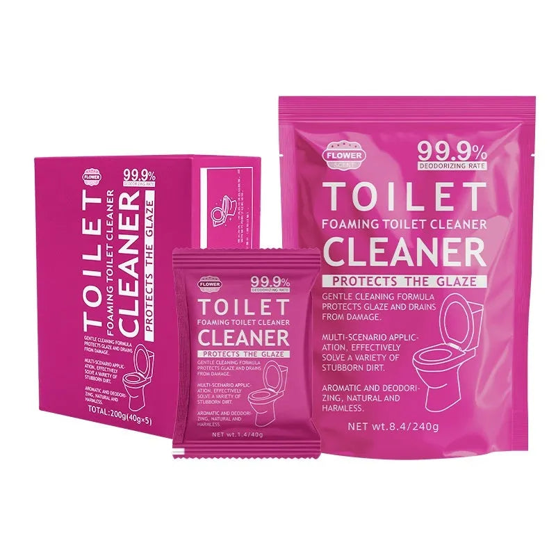 Toilet bubble descaling and anti-blocking powder in blue or pink fragrance, showing box of sachets and large bag options.