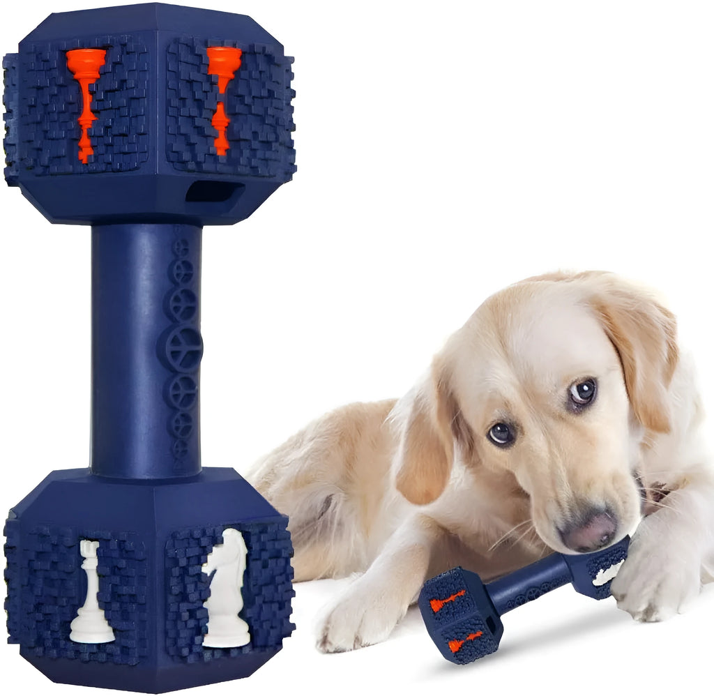 Natural rubber dog chew toy with hollow dumbbell design and textured surface for dental care