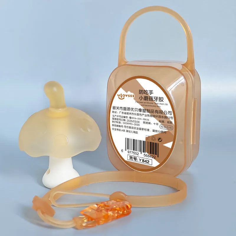 Small pink and nano colour mushroom gum latex stress balls in a transparent box with an optional chain.
