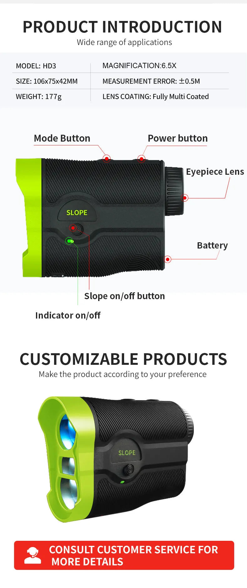 Laser rangefinder H3D-1000M with ABS body and infrared measurement for outdoor distance up to 1000 metres