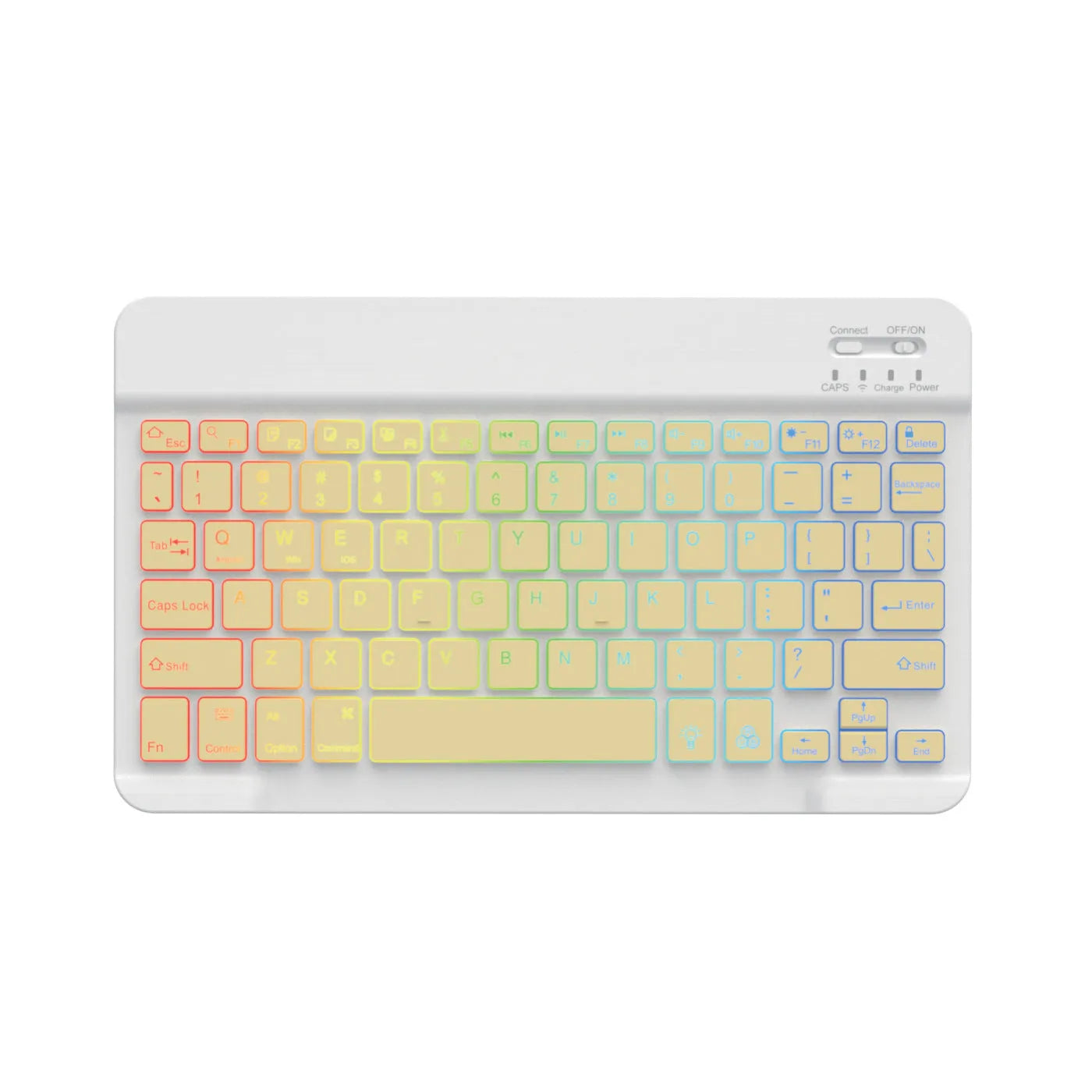 10-inch backlit Bluetooth keyboard for tablets showing eight colour options including black, white, pink, blue, green, purple, yellow, dark green