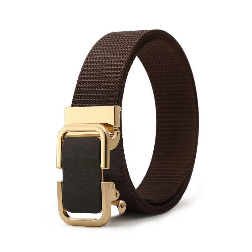 Men's nylon canvas belt in army green with an alloy buckle, laid flat showing 120cm length.