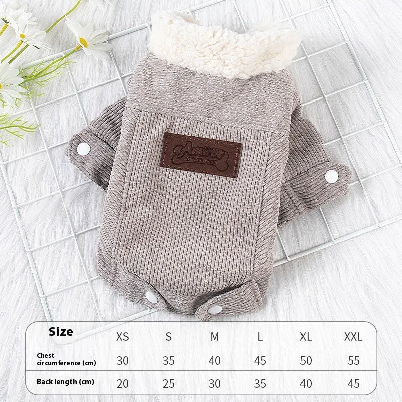 Grey lambswool fleece-lined vest for dogs or cats on a mannequin, showing wool lining and vest style.