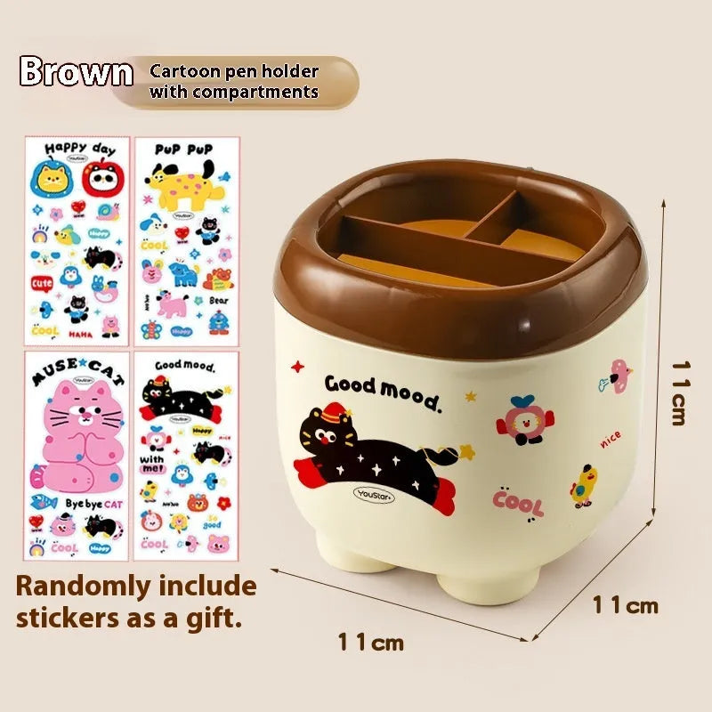 Red and brown cartoon-style desktop storage organiser with grid pattern and sticker set for labelling.
