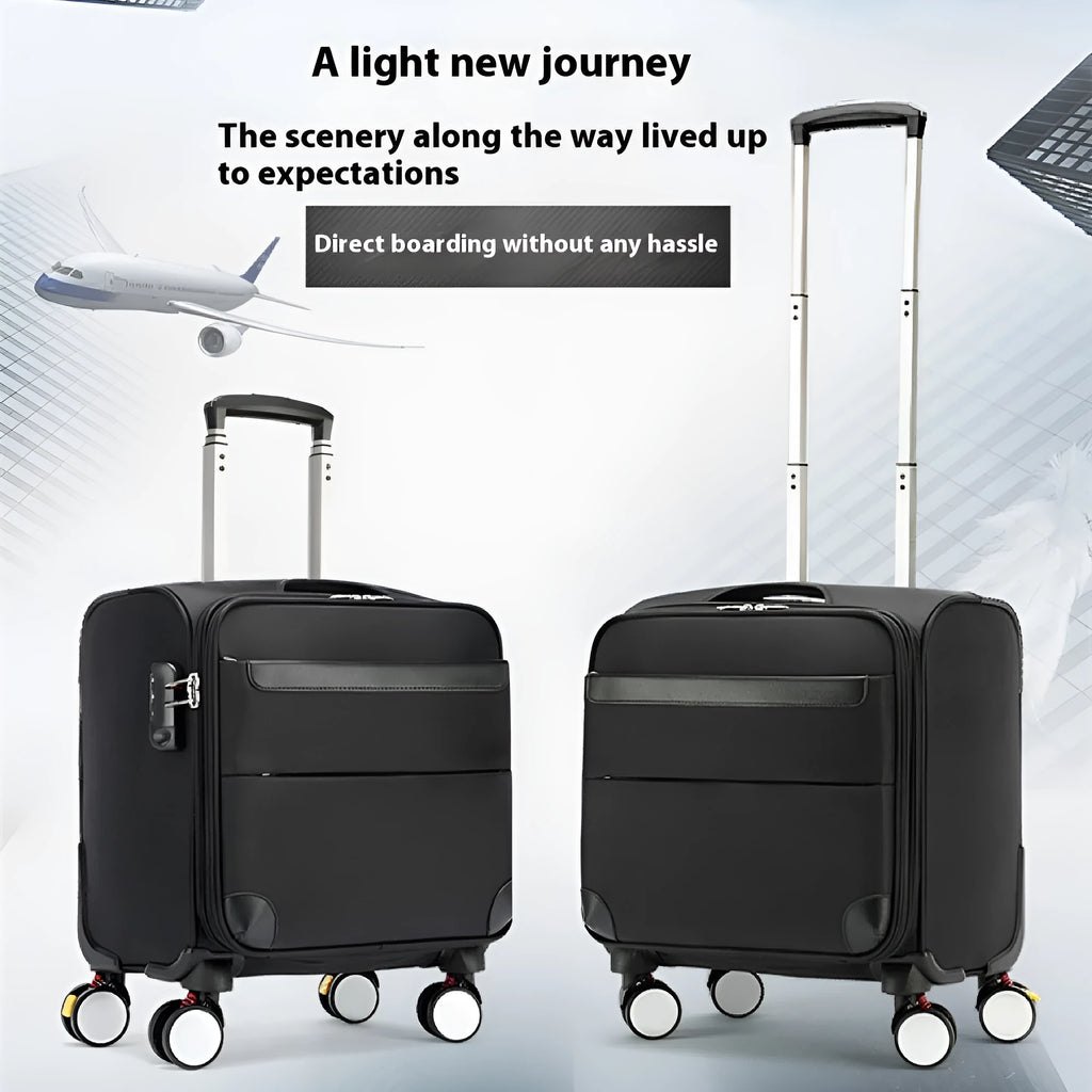 18-inch black business luggage with Oxford cloth construction and universal wheels