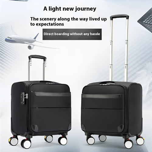 18-inch black business luggage with Oxford cloth construction and universal wheels