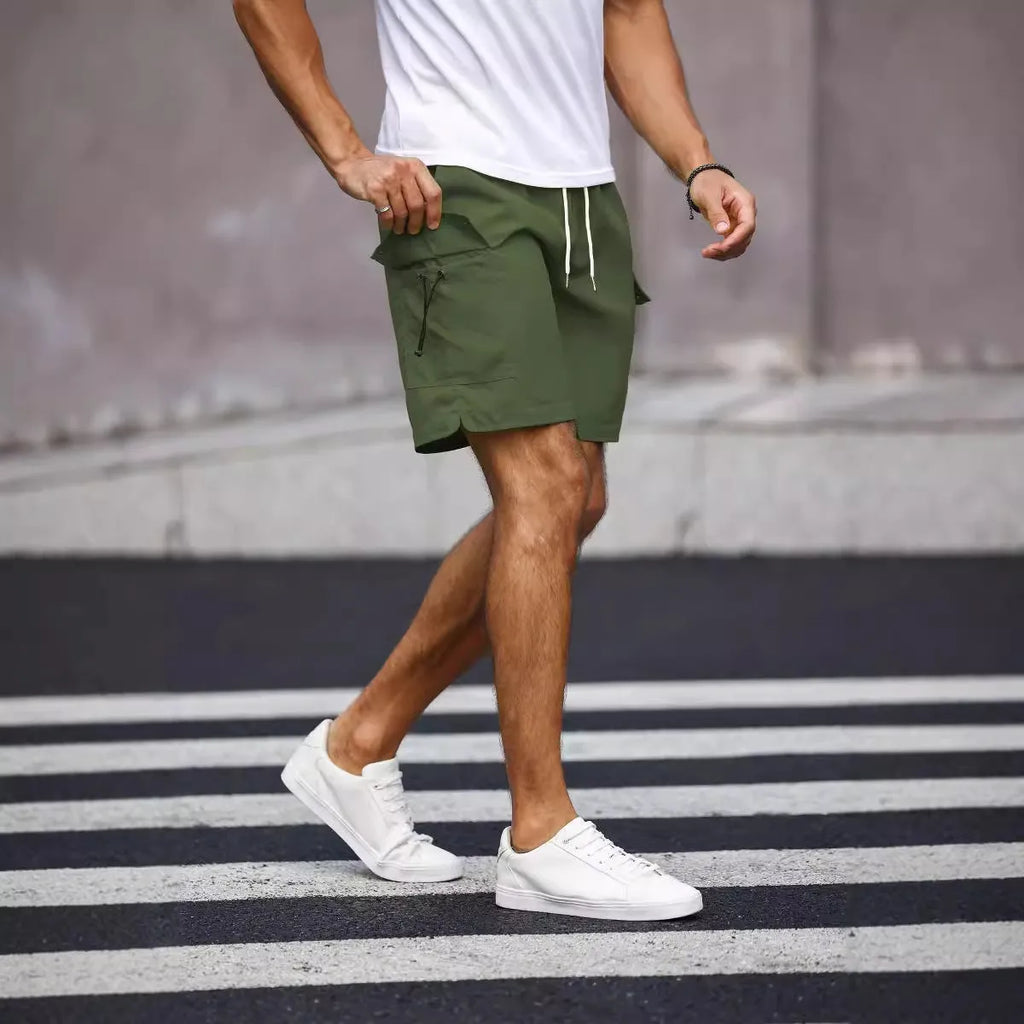 Men's loose fit work shorts in cool silk cotton fabric, available in fluorescent green and army green colours