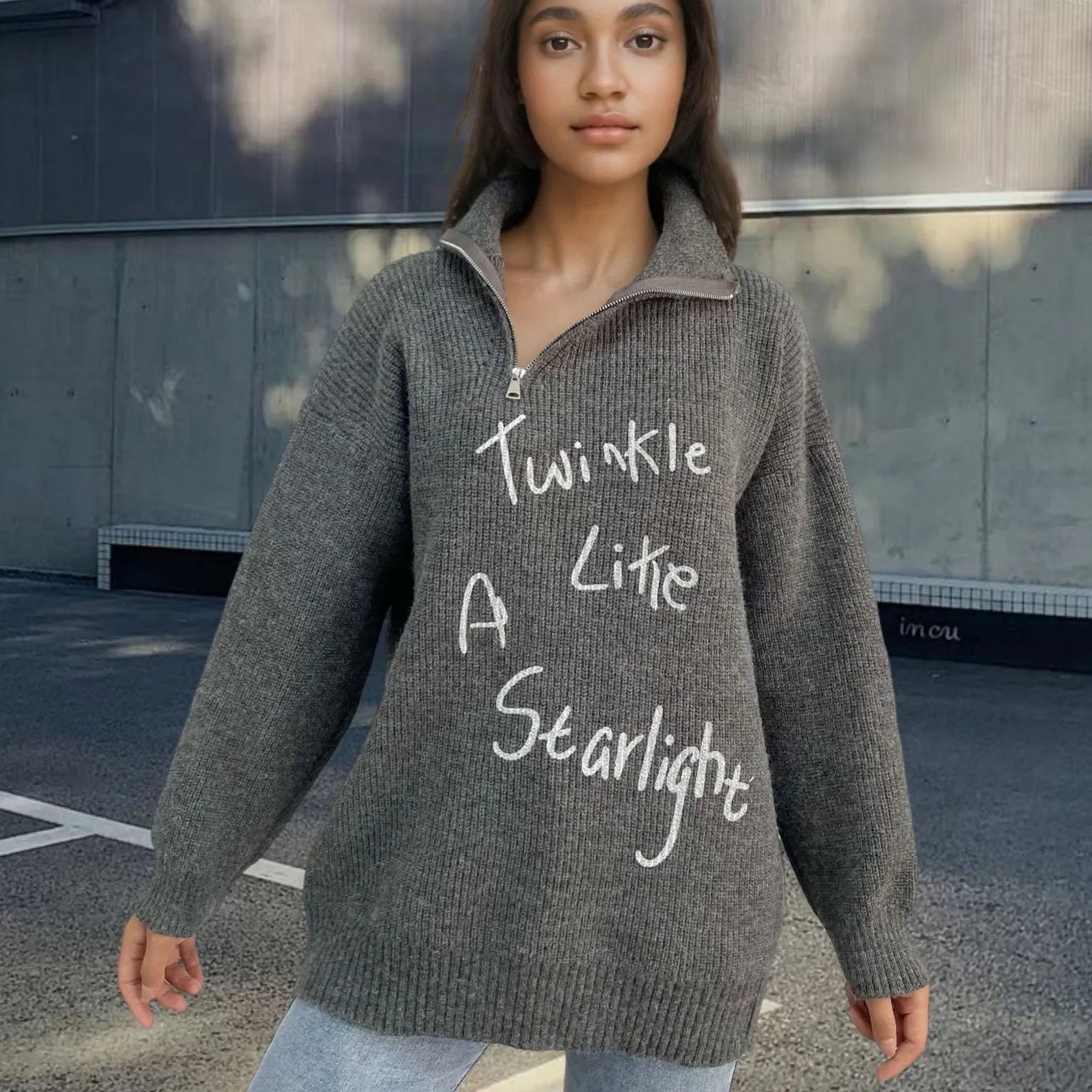 Women's retro alpaca wool pullover sweater with loose lapels and an oblique zipper in light khaki.