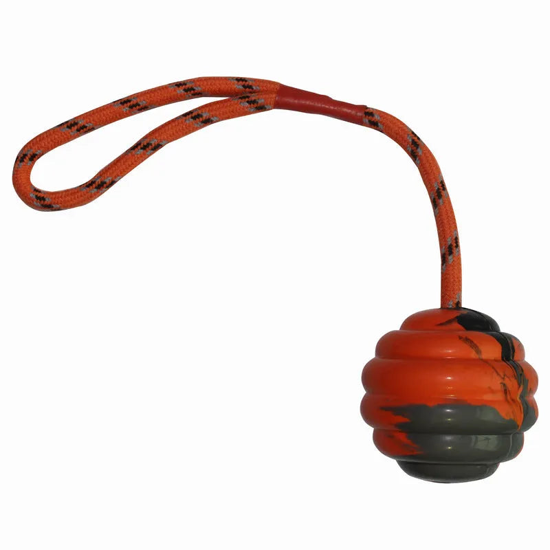 Multi-colour rubber pet ball with rope knots measuring 6x30cm for interactive chew and fetch play