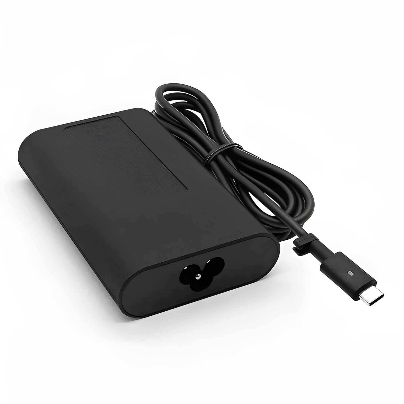 Black 65W Type-C laptop power adapter with multiple international power cords for UK US EU AU and ZA plugs.