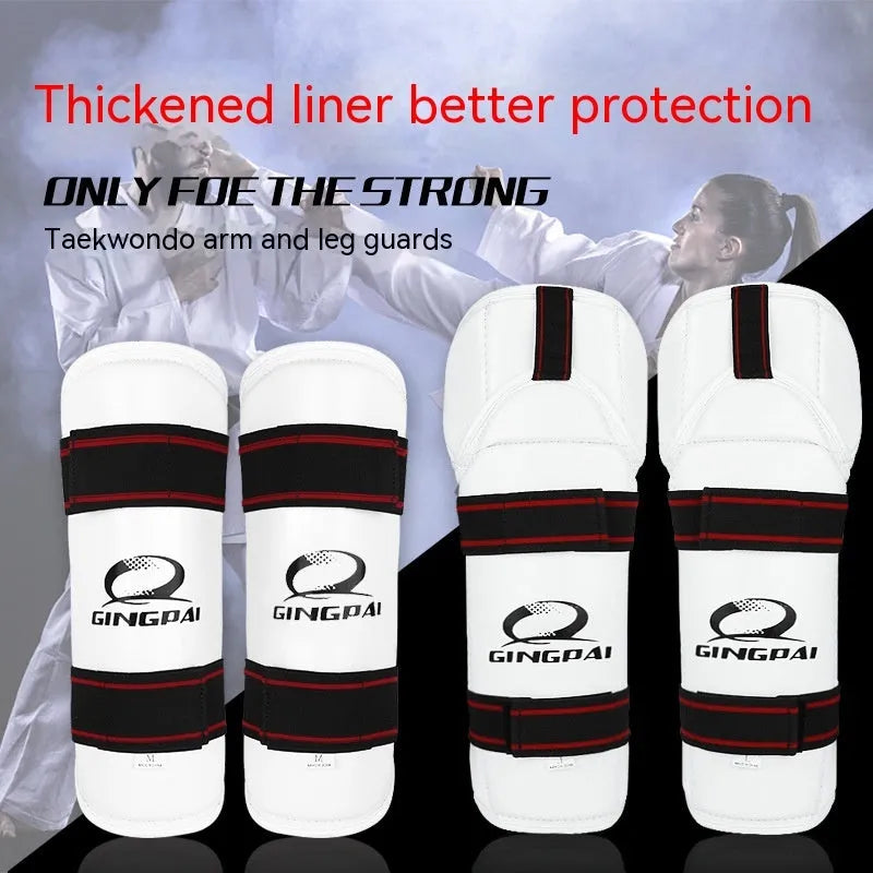 Taekwondo protective set showing black leg guards, arm guards, and elbow guards made from PU and EVA foam materials.