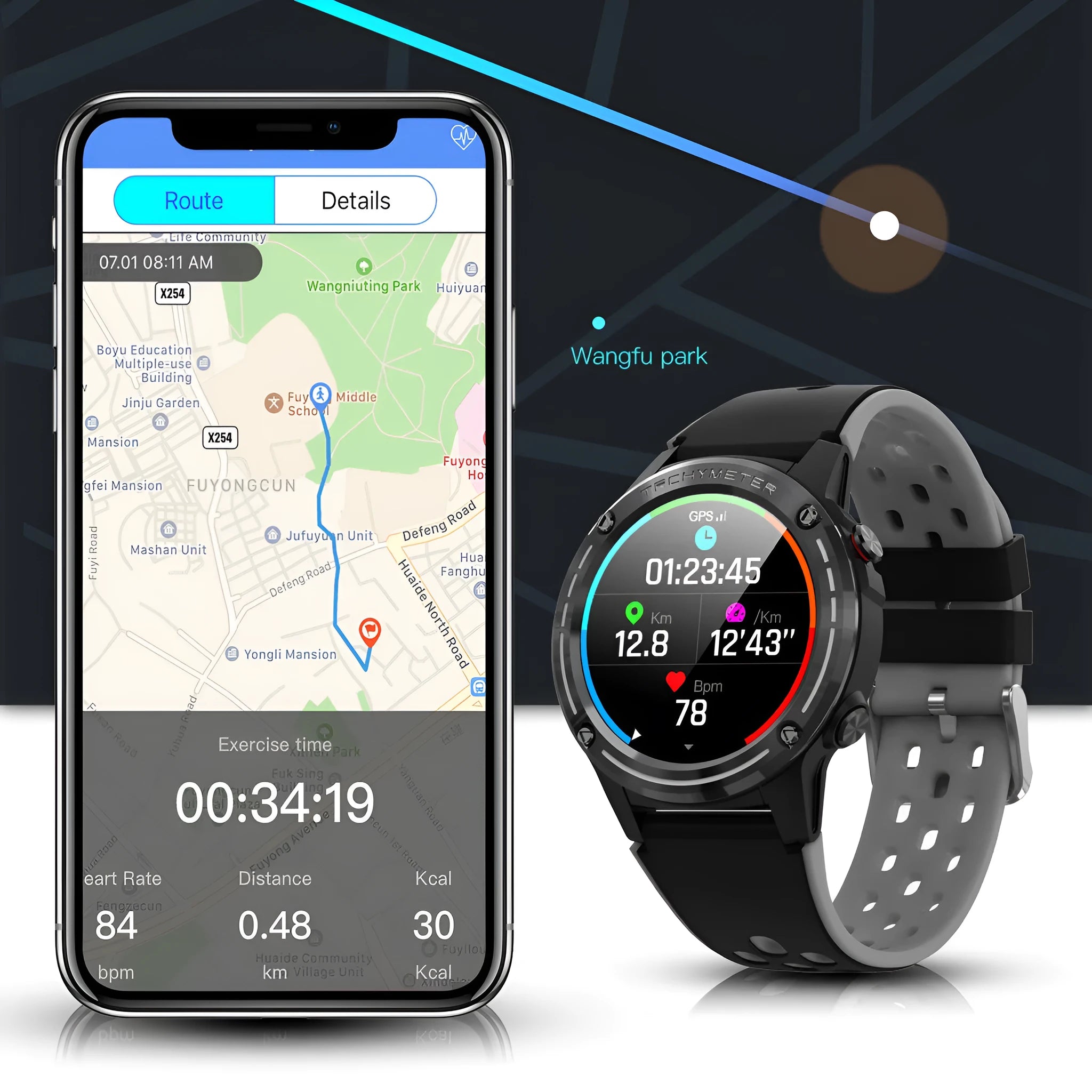 Square GPS smart watch with silicone strap on wrist, showing blue colour option.
