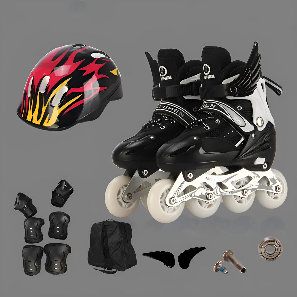 Children's adjustable roller skates with aluminium frames, PU wheels and complete safety gear set