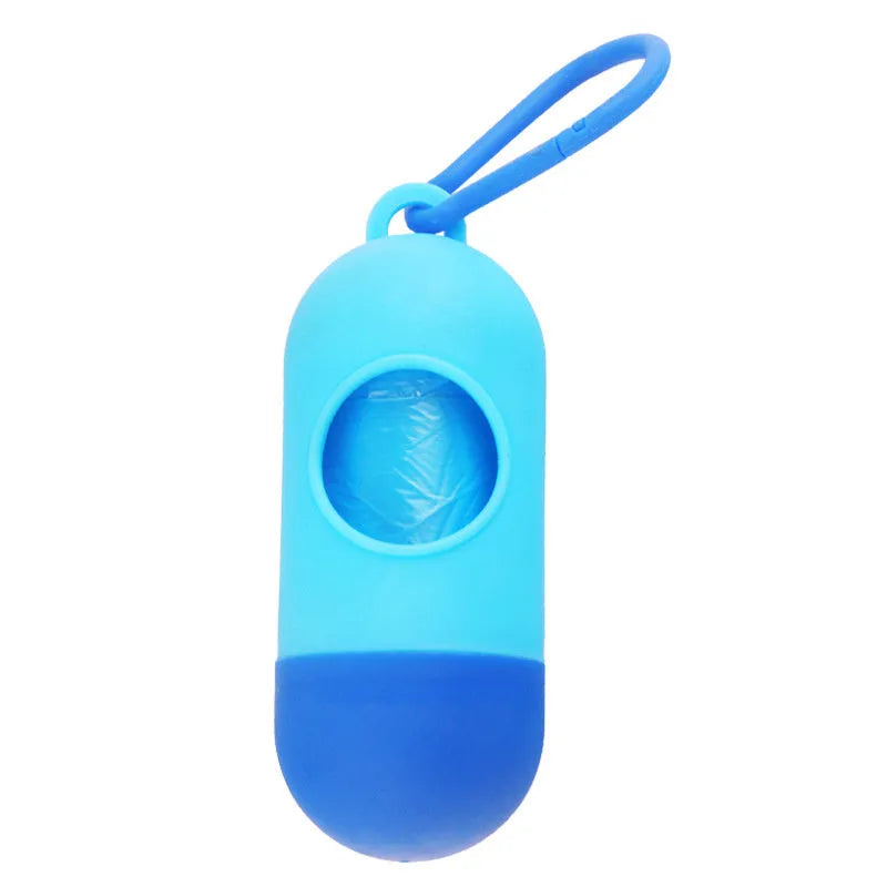 Small square dog waste bag dispenser with a metal side hook, shown in various colours.