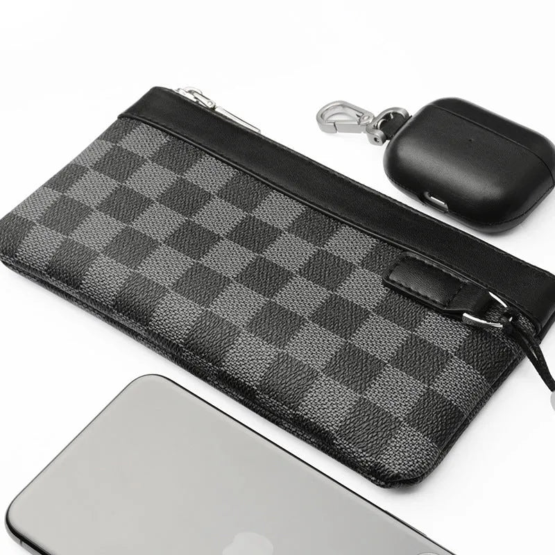 Black plaid men's leather clutch wallet showing dimensions and cowhide texture
