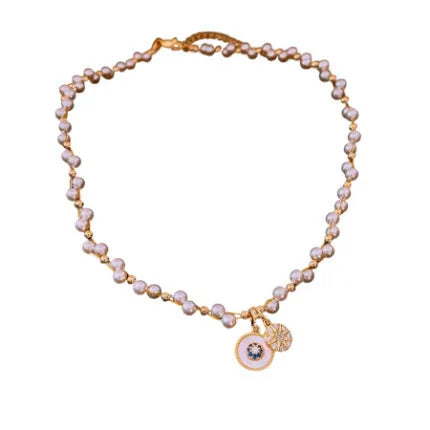 Golden white real gold electroplated zircon pearl round pendant necklace on clavicle chain