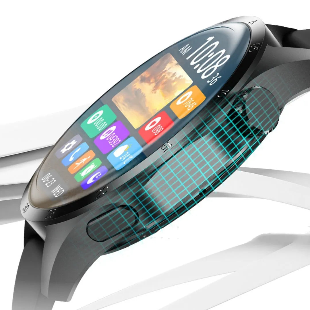 Black smartwatch with Bluetooth calling and health monitoring functions on a silicone strap.