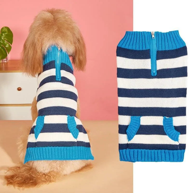 Grey acrylic dog sweater on a mannequin, showing horizontal zipper and button pocket.