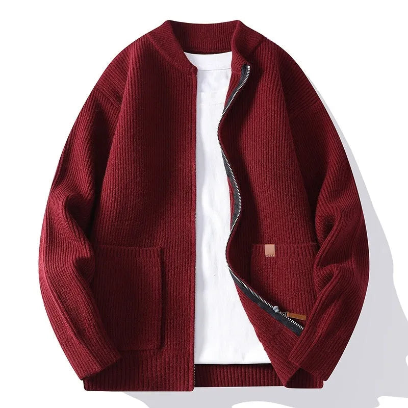 Men's straight cut striped sweater cardigan in a chemical fibre blend fabric, shown in beige colour.