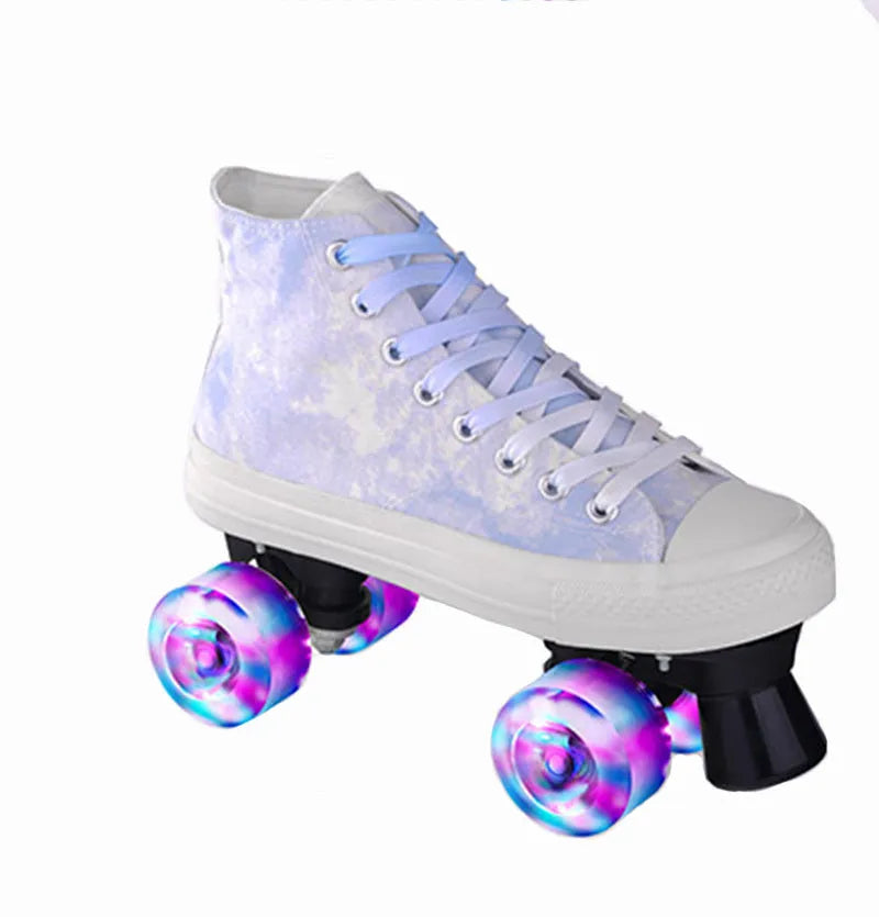 Camouflage canvas double-row roller skates with PU wheels and rubber sole on outdoor surface