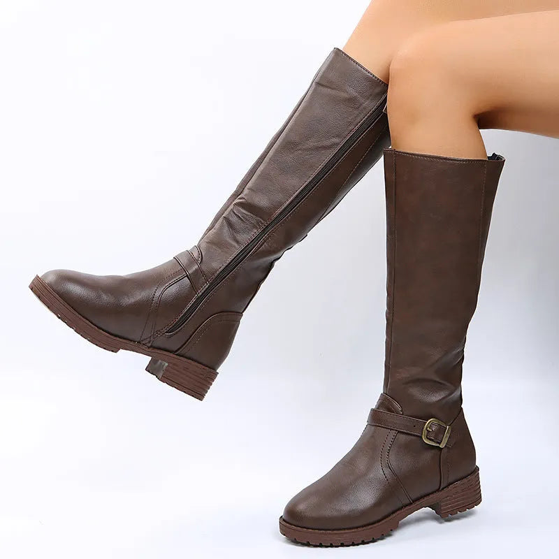 Women's knight boots high boots with square heel and belt buckle detail in artificial PU material