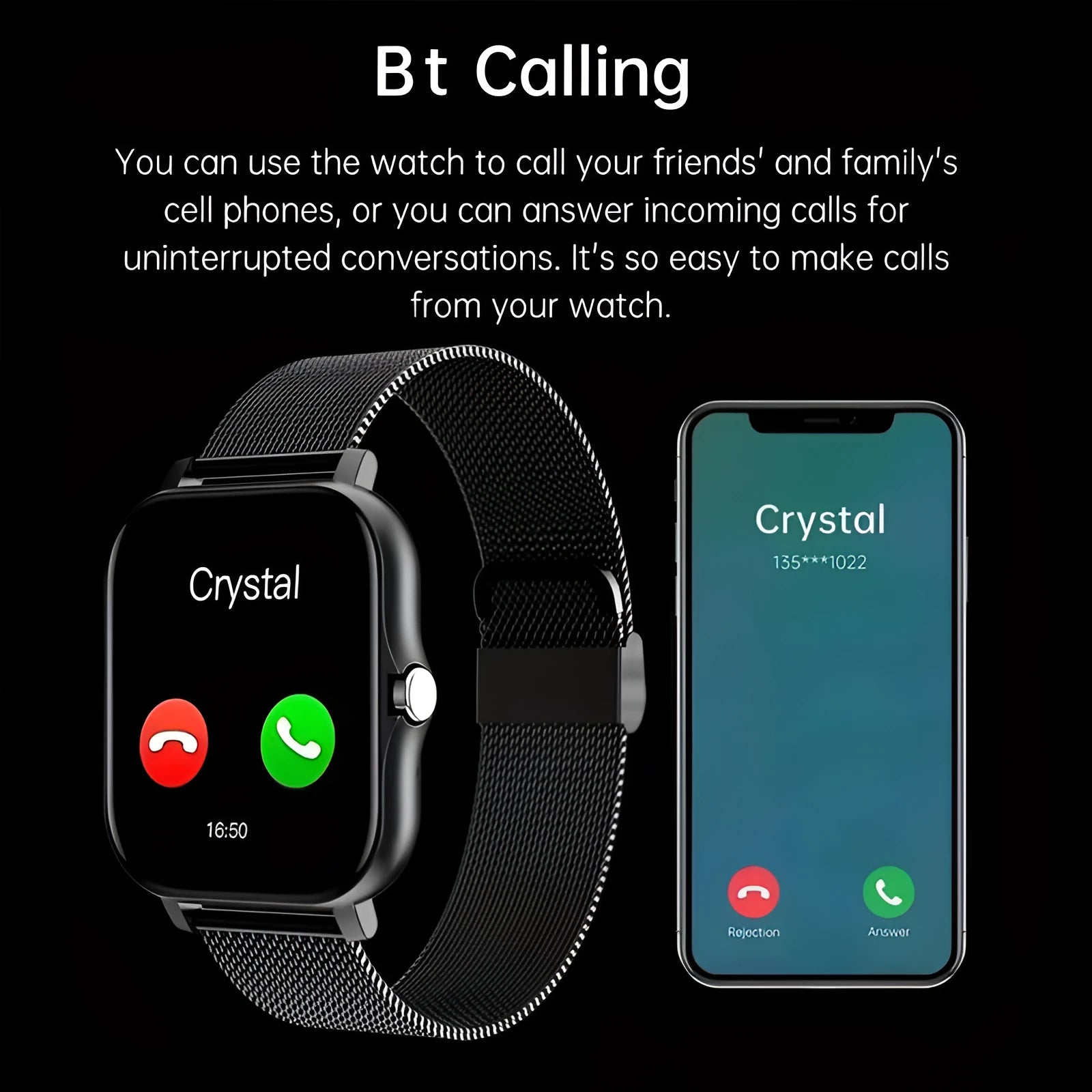 Smart watch with 1.44-inch colour touchscreen display on a silicone wrist strap.