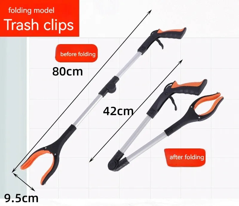 Foldable aluminium garbage clamp showing extended and folded positions with magnetic sucker and coloured handle options