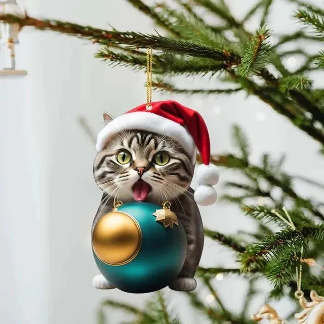 Cartoon-style kitten Christmas ornament for car interior, made from clear acrylic glass.