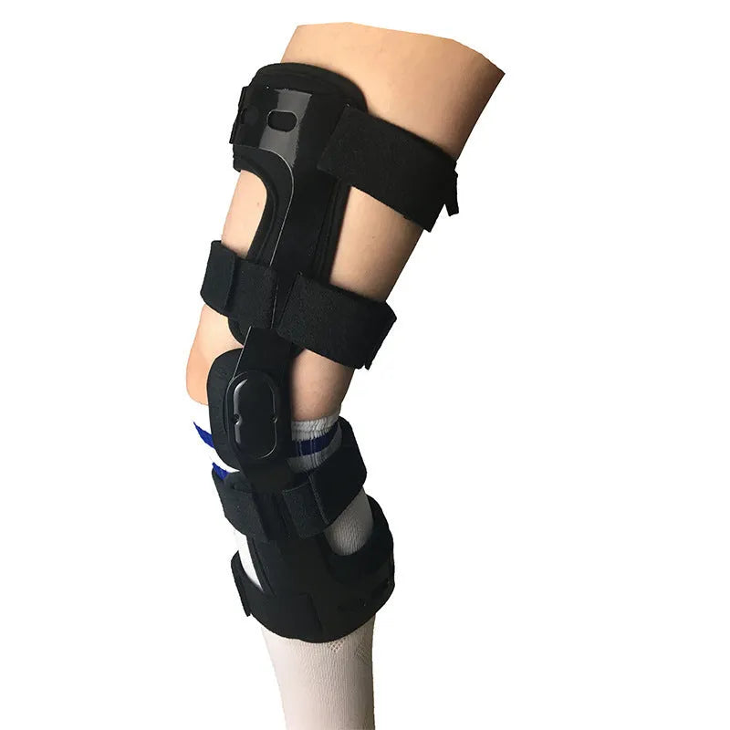 Black anterior ligament knee supporter brace showing left and right specific sizing options