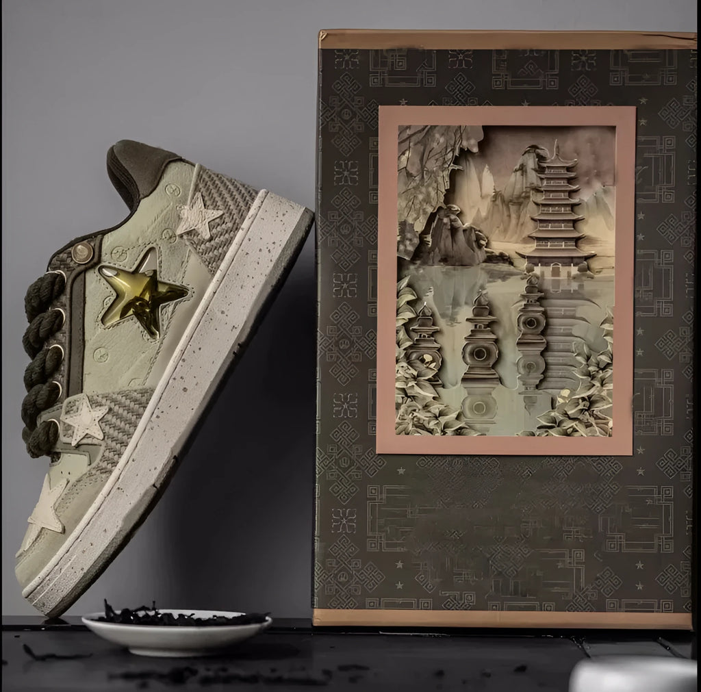 Green casual shoes with star pattern stitching, mesh lining, and thick rubber soles