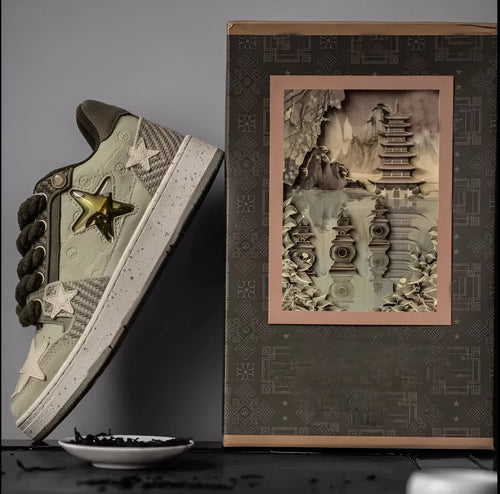 Green casual shoes with star pattern stitching, mesh lining, and thick rubber soles